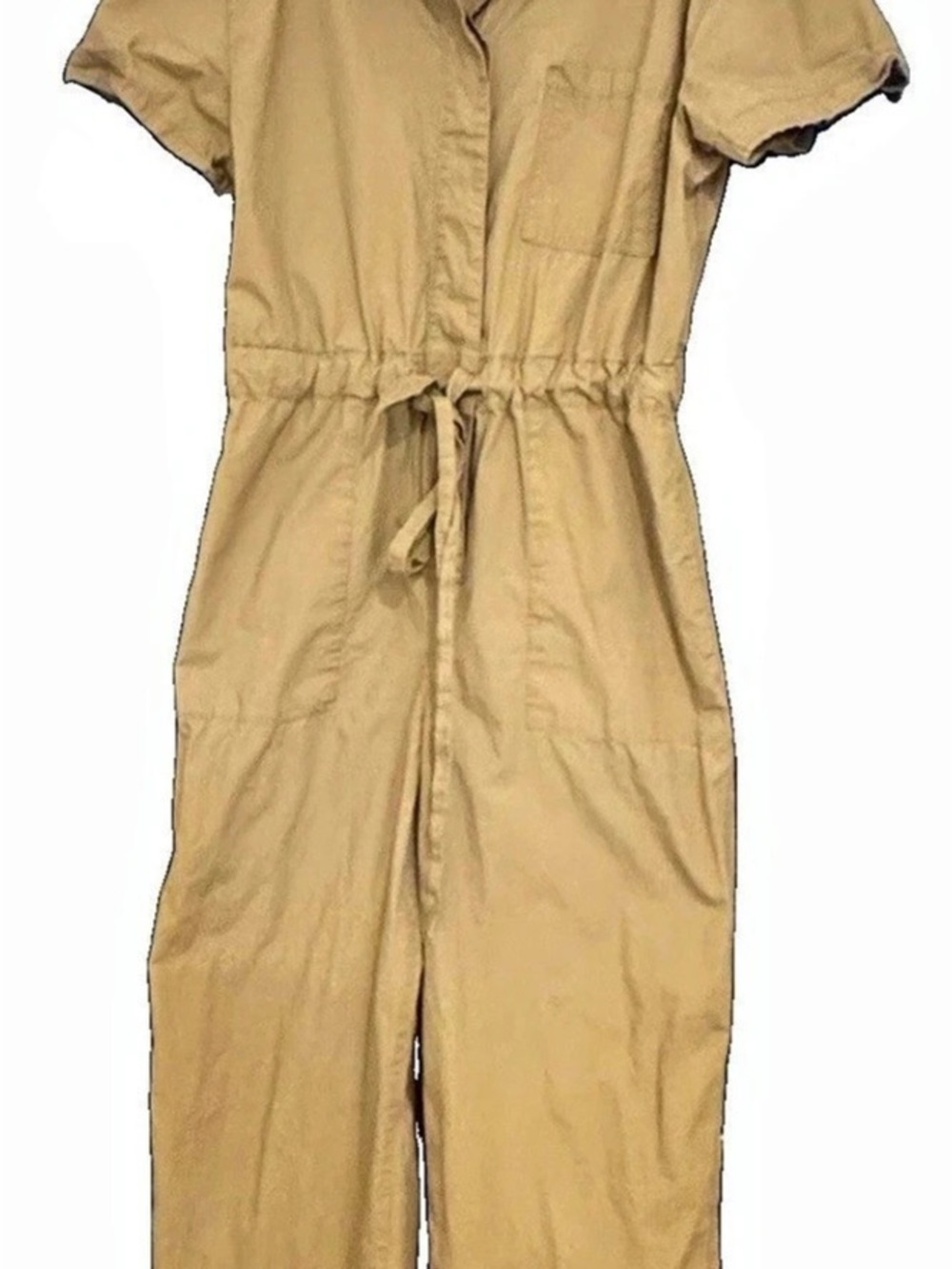 Gap Size 12 Khaki Poplin Utility Jumpsuit Short Sleeve Elastic Waist Wide Leg